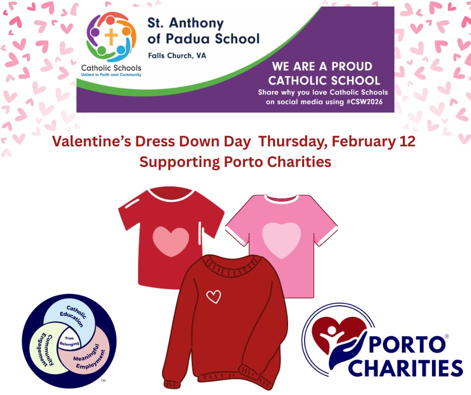 Love in Action! We are so grateful to St. Anthony of Padua School for choosing Porto Charities as the beneficiary of their Valentine’s Dress Down Day.   #LoveInAction #ValentinesDressDownDay #StudentCouncil @schoolstanthonyofpadua @stanthonychurchva