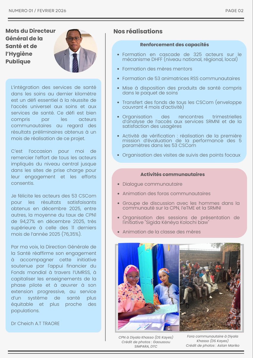 Umrss_Mali's tweet photo. DHFF au Mali : soins gratuits pour les femmes enceintes et les nouveau-nés dans 53 CSCom.  Feuilletez le bulletin en images ci-dessous 👇 Édition spéciale résultats – Février 2026.  🔗 Lire la suite sur LinkedIn  [https://t.co/5mGN9VrjW9]  #Globalfund #MSDS #Musohealth https://t.co/5bkjUH2NBm