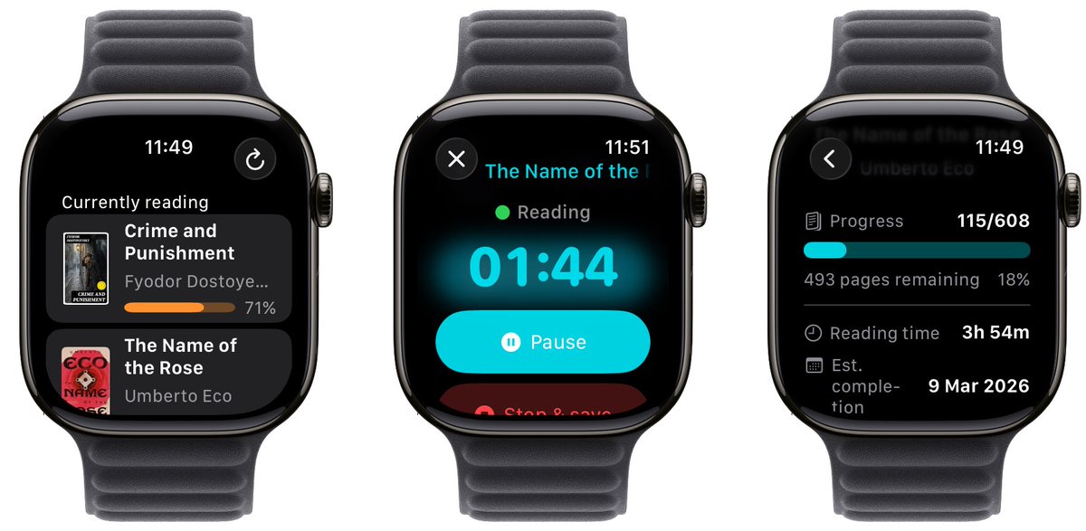 Book Tracker is now on Apple Watch!

I’ve just released an update that introduces the official Apple Watch companion app.

• See the books you’re currently reading
• Start your reading timer directly from your wrist
• Pause it anytime
• Update your reading progress on the go