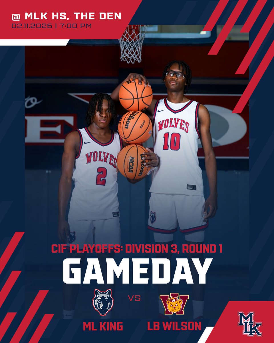 MLKingHoops's tweet photo. MLK Boys Bball are home to kick off the 1st round of D3 @CIFSS playoffs tonight at 7 pm vs LB Wilson! @MattyK31 @FrankieBur @Tarek_Fattal @toddmalecki @ievarsity @pollonpreps 
📆 February 11, 2026
📍 MLK HS
⏰ 7:00 pm
#mlkinghoops #wolvesbasketball #iehoops #riversidebasketball https://t.co/3xW0AjDQqC