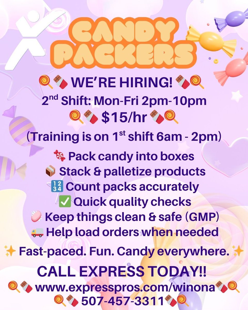 ✨Looking for job opportunities? ✨
We have 1st &amp; 2nd shift roles available! Visit expresspros.com/winona to apply today.
🚀 #JobOpenings #WinonaJobs