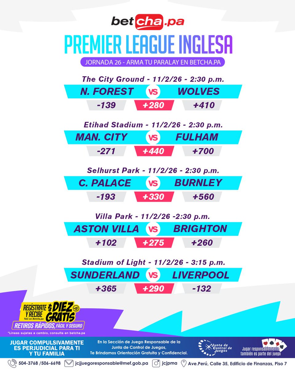 ¡Premier League! 

Continúan las acciones de la Jornada 26 con buenos partidos para hoy, elige tus piques y arma tu parlay futbolero del día en betcha.pa 

📲 Regístrate en betcha.pa y recibe $10 DE BONO para tu primera apuesta ➡️