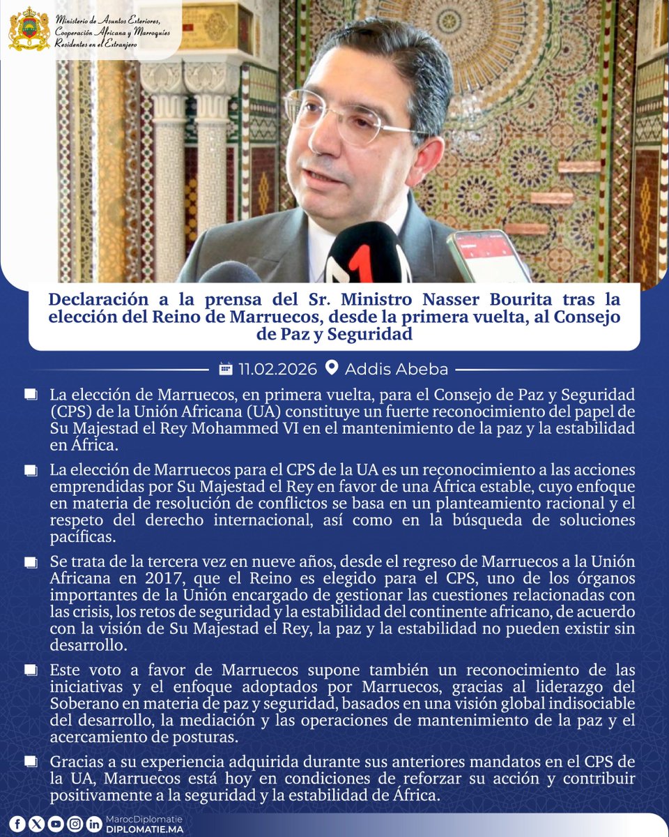 Declaración a la prensa del Sr. Ministro Nasser Bourita tras la elección del Reino de Marruecos, en primera vuelta, al Consejo de Paz y Seguridad de la Unión Africana