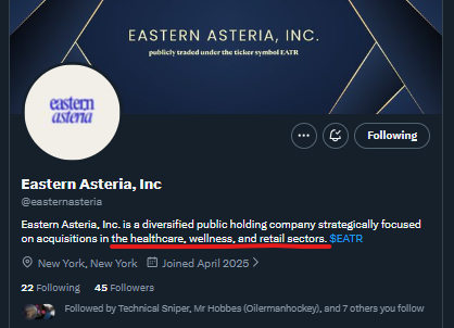 $EATR And it's confirmed to be a healthcare/wellness play acc. to their X as well