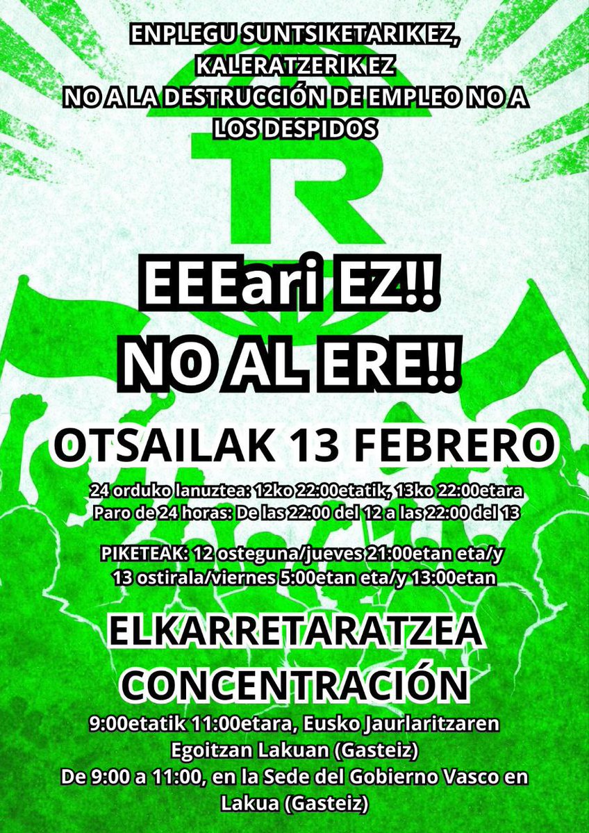 AiaraldeaGreba's tweet image. 🔴 ADI! 🔴

Tubos Reunidoseko langileak borrokan daude zuzendaritzak ezarri nahi dituen 301 kaleratzeen aurka. 

Ostiralean greba eta piketeak 👇👇👇

📍 Otsailak 12: 21:00etan 

📍 Otsailak 13: 5:00 eta 13:00

📍 9:00-11:00 Elkarretaratzea Lakuan

Aiaraldea defenda dezagun! ✊