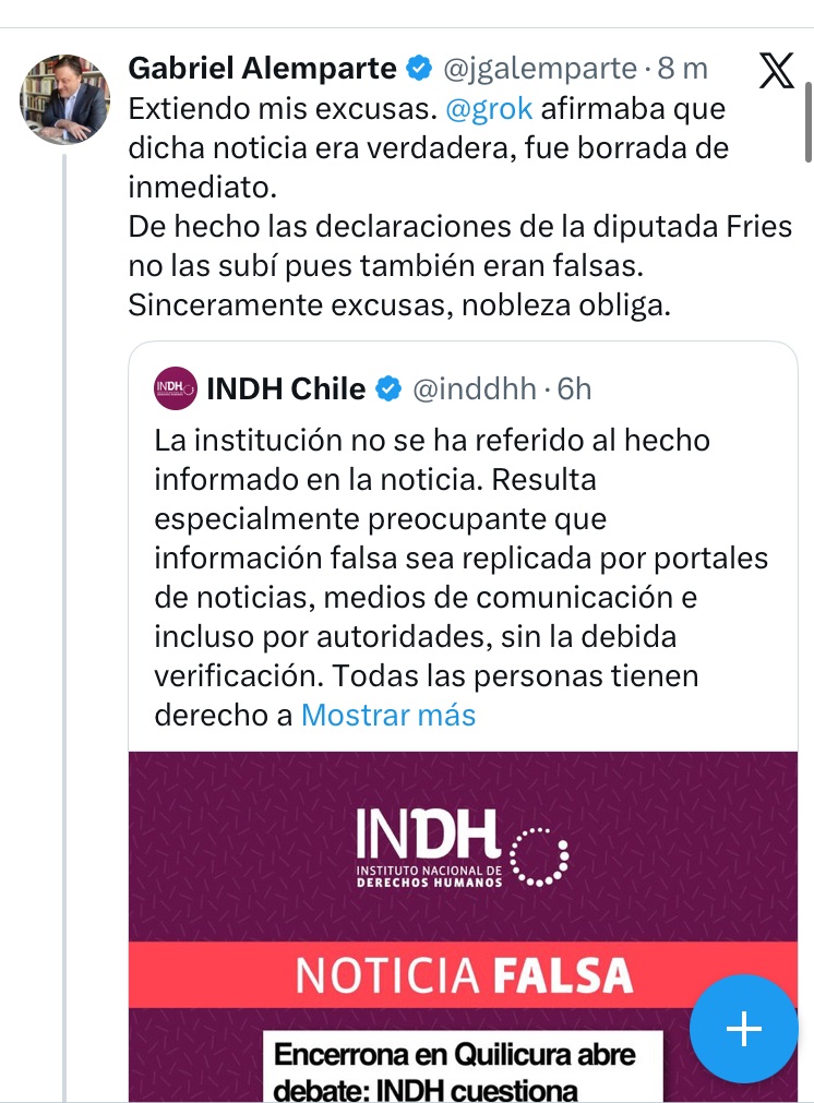 jgalemparte's tweet photo. @biobio Yo pedí disculpas públicas ayer. Esa parte parece que no importa contarla. La IA daba por cierta la información en ese momento. https://t.co/rnP6DokYrE