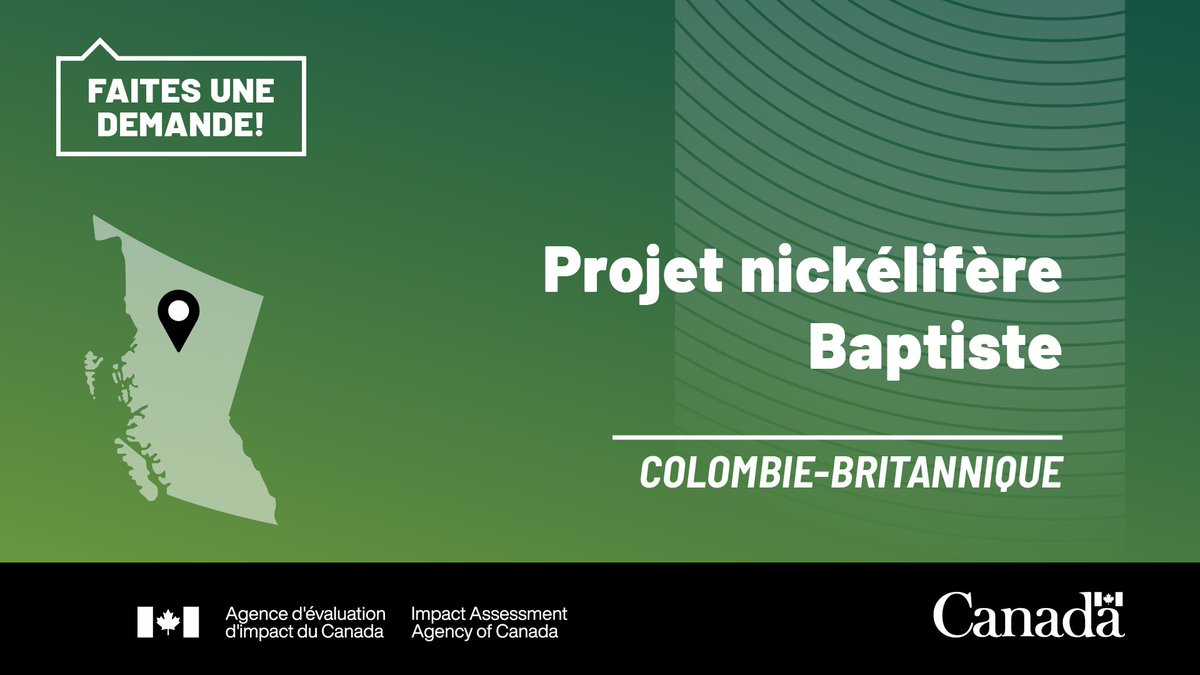 aeic_iaac's tweet image. 📢 Les demandes d'aide financière pour le projet nickélifère Baptiste en Colombie-Britannique sont ouvertes.

Postulez avant le 9 mars!

Découvrez dès aujourd'hui si vous êtes admissible 👉 iaac-aeic.gc.ca/050/evaluation…

#ÉvaluationImpact #ColombieBritannique