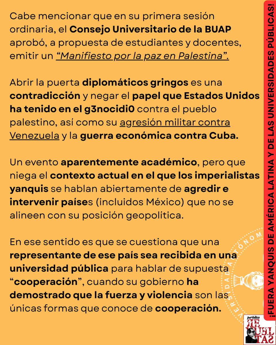 prevueltas23's tweet photo. Además, esto contrasta con que la BUAP ha cerrado sus puertas a otros eventos, como foros de pueblos cholultecas donde denunciarían sus problemáticas en torno al agua o de periodistas. https://t.co/rFOgWO12U0