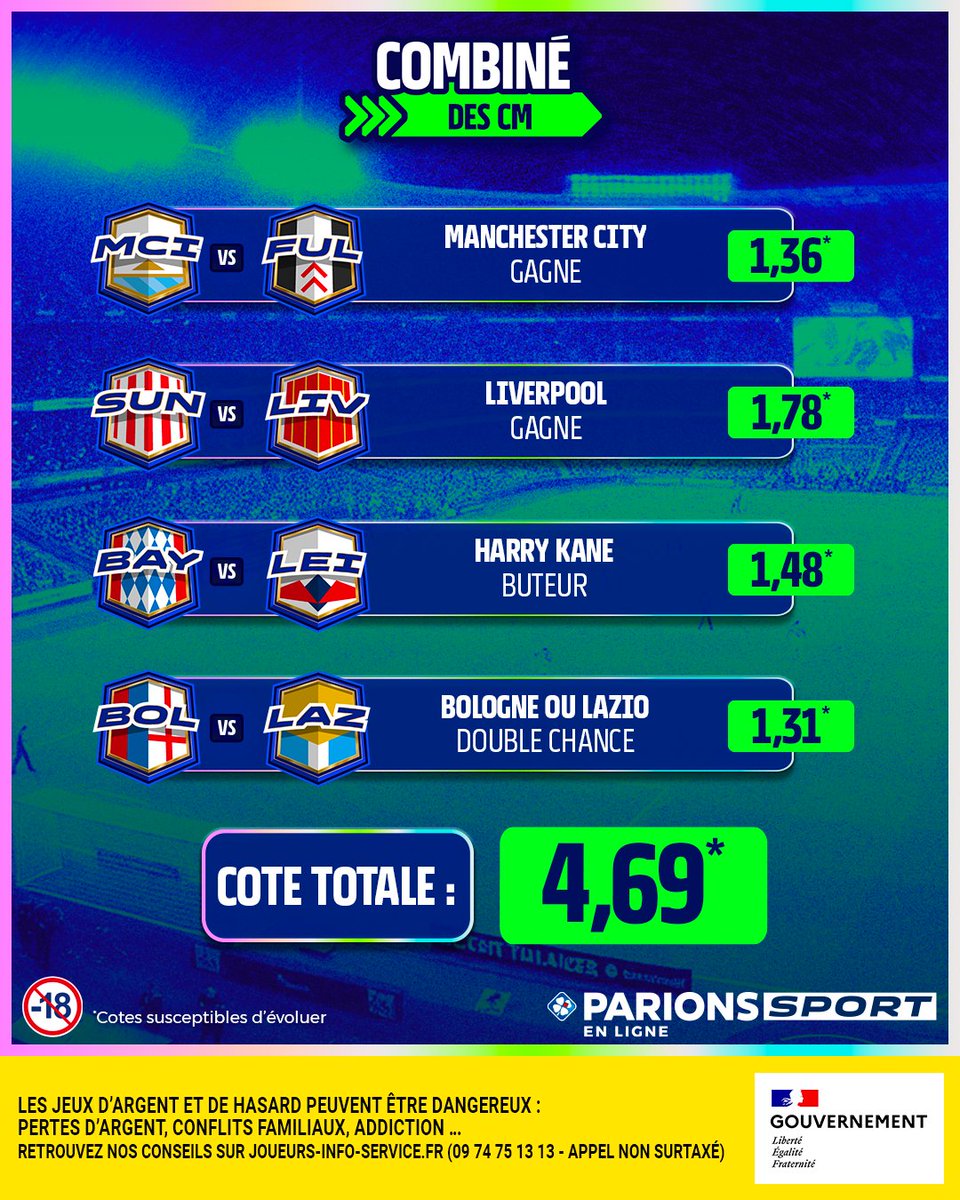 🤩 Le #CombiDesCM du jour !

🤔 Il est bon à prendre ?

Ça fait 3/4 ? 👉 5x20€ de freebet
Ça fait 4/4 ? 👉 10x20€ de freebet

Pour jouer : 
🤝 RT + Follow

🗓️ TAS le 12/02
📃 Règlement : bit.ly/45Ljuky