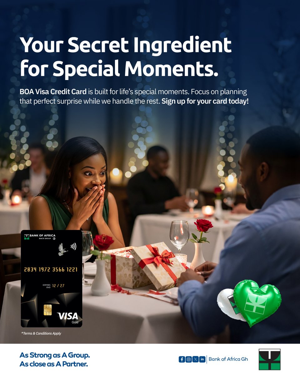 bankofafricagh's tweet photo. Your vision, our partnership. At Bank of Africa, we are more than a bank; we are your dedicated partner in creating life’s special moments. Have a plan in mind? Let’s make it happen together-we are just a call away.
#BOA #CollaborativeSuccess #FinancialPartnership #SpecialMoments https://t.co/osniZKMCHn