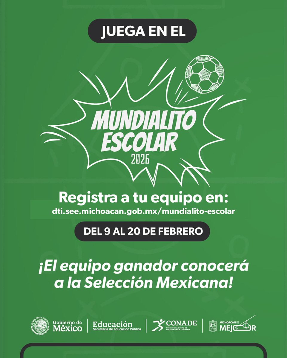 Ya iniciaron las inscripciones para el Mundialito Escolar 2026, consulta las bases en dti.see.michoacan.gob.mx/mundialito-esc… y registra tu equipo. ⚽️🏃‍♂️
#MichoacánEsMejor #CrianzaConConciencia
