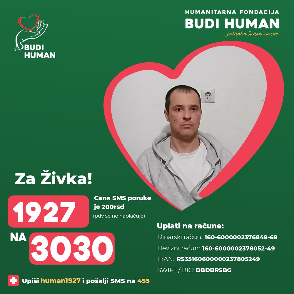 budihuman's tweet image. Pomozimo Živku!

Upišimo 1927 i pošaljimo SMS na 3030

budihuman.rs/korisnik/1927/…

#budihuman #jednakašansazasve #zaprati #živkolukić