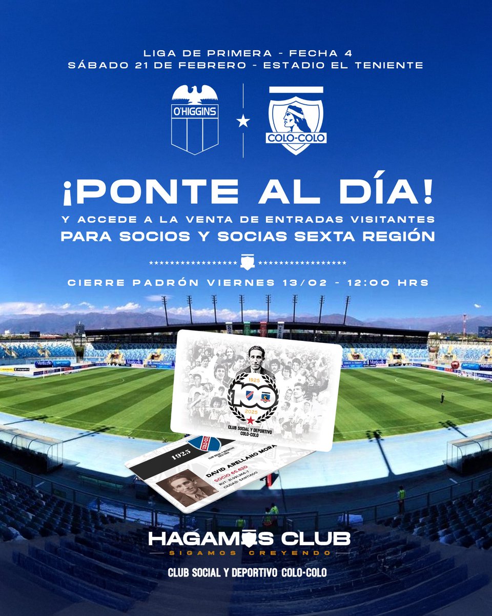 CSDColoColo's tweet photo. ¡𝐀𝐓𝐄𝐍𝐂𝐈Ó𝐍 𝐒𝐎𝐂𝐈𝐀𝐒 𝐘 𝐒𝐎𝐂𝐈𝐎𝐒 𝐃𝐄 𝐋𝐀 𝐑𝐄𝐆𝐈Ó𝐍 𝐃𝐄 𝐎’𝐇𝐈𝐆𝐆𝐈𝐍𝐒! 🤟🏽👀

Para el partido contra O'Higgins de Rancagua el próximo sábado 21 de febrero, se habilitará el sector de visita y los socios y socias al día de la región de O’Higgins podrán asistir.

Ponte al día y compra tu entrada. El cierre del padrón será este viernes 13 a las 12:00 horas.

Hazte socia, hazte socio, pon al día tus cuotas y aprovecha todos nuestros beneficios 🏳️🏴
