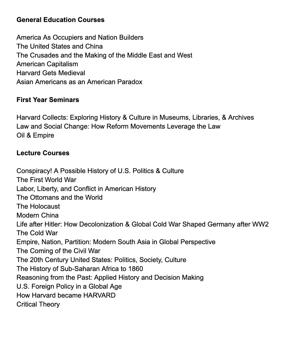 romanhelmetguy's tweet image. Here's every history course Harvard is offering this spring semester. Notice a pattern?
