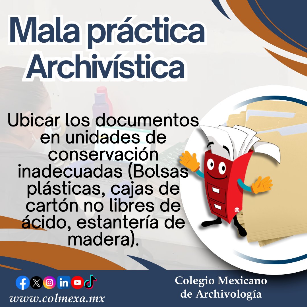 ⚠️ Mala práctica archivística

No todo lo que guarda… conserva correctamente.

Ubicar documentos en bolsas plásticas, cajas no libres de ácido o estantería inadecuada puede provocar:
❌ Deterioro químico
❌ Humedad y hongos
❌ Deformación del soporte
❌ Pérdida de información