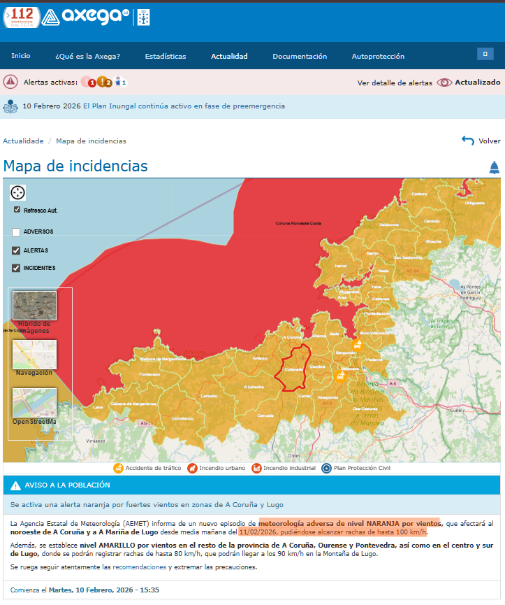 FerDp77's tweet photo. ⚠️ATENCIÓN ALERTA DE TEMPORAL ⚠️
Para hoy miércoles 11-Fuente 112Galicia
🟥En costa
🟧En interior
Activada alerta de nivel NARANJA por vientos, que afectará a A Coruña desde media mañana del 11/02/2026, pudiéndose alcanzar rachas de hasta 100 km/h.
@112Galicia @EloyTP @silcerino https://t.co/KlOdqxgMCw