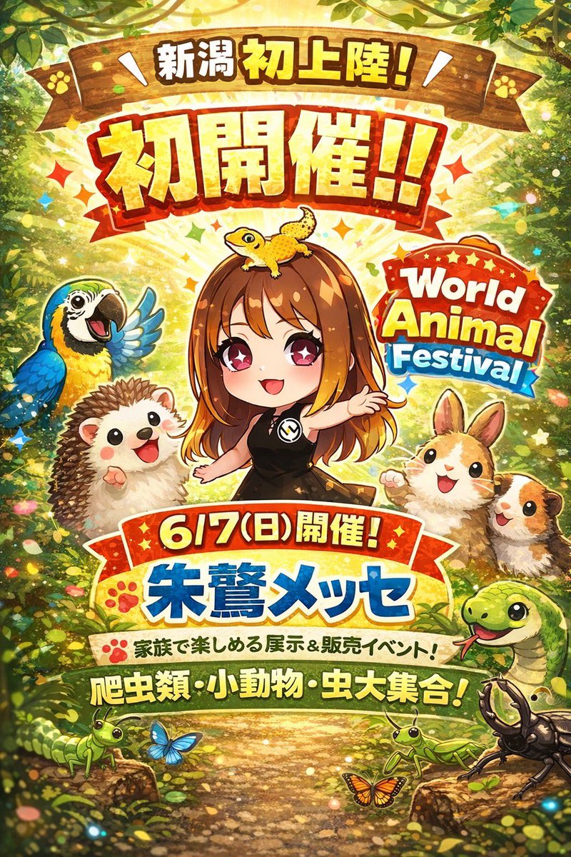 🦎🔥 新潟 初開催！ 🔥🦎
【World Animal Festival in 新潟】

人気の爬虫類から小動物・虫まで幅広く集まる展示＆販売イベントを新潟で開催決定！
---
📅 6/7（日）
📍 朱鷺メッセ
---
実物をじっくり見たい人、
飼育の相談をしたい人にもおすすめです！