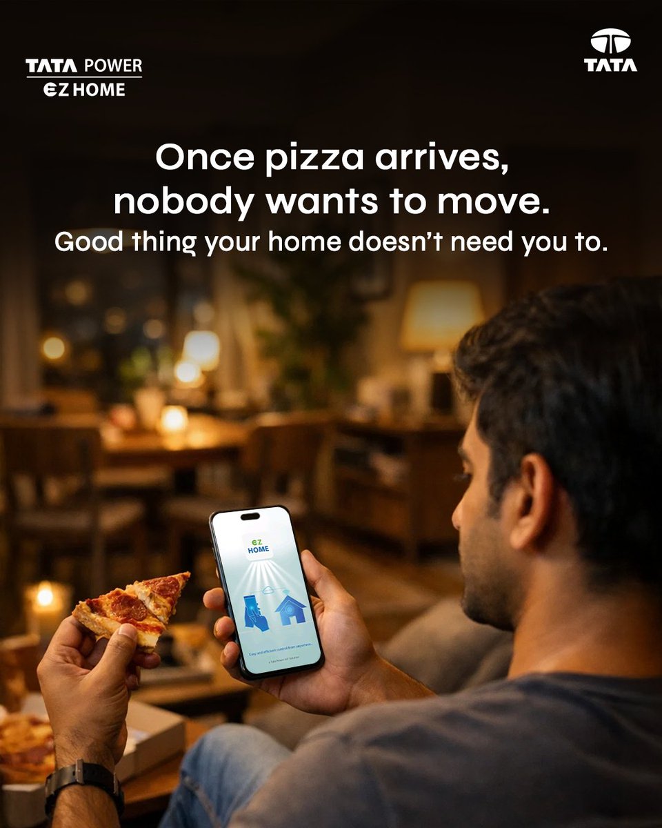 TataPower's tweet photo. Pizza nights are meant to be uninterrupted.

With smart switches and app-based control, Tata Power EZ Home lets you manage lighting and comfort without leaving your seat.

Celebrate National Pizza Day the smarter way.

Find out more:
https://t.co/c4pDChsMKL

#NationalPizzaDay #EffortlessLiving #SmarterLiving #SmartHomeIndia #HomeAutomation #SmartSwitches #EnergyEfficientLiving #FutureReadyHomes #TataPower #EZHome #MakeSmarterChoices