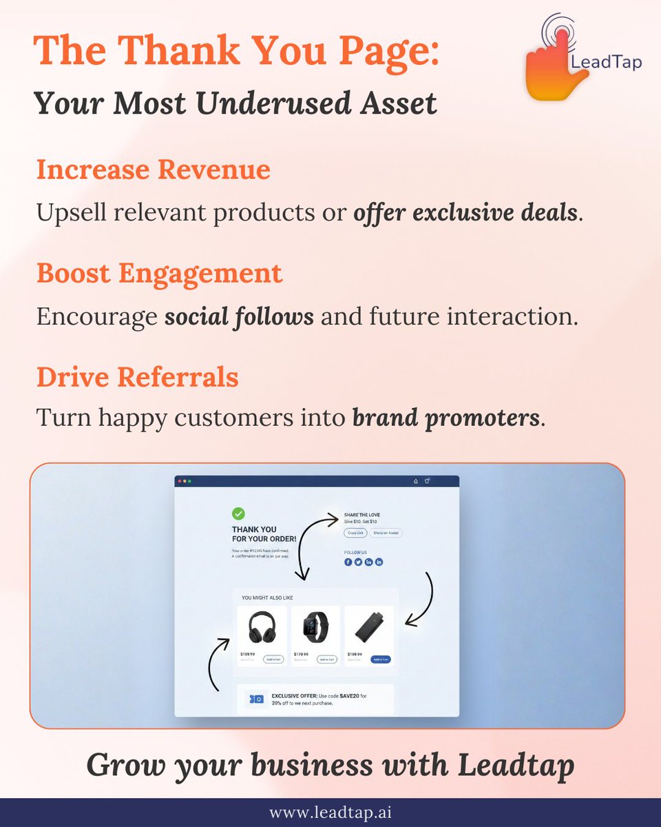 leadtapdigi's tweet photo. The thank you page is your most underused asset.

Use it to:
✅ Upsell
✅ Build engagement
✅ Generate referrals

Leadtap helps you turn every conversion into opportunity.

#ConversionOptimisation #Leadtap #BusinessGrowth https://t.co/jDZQQZfl8Q