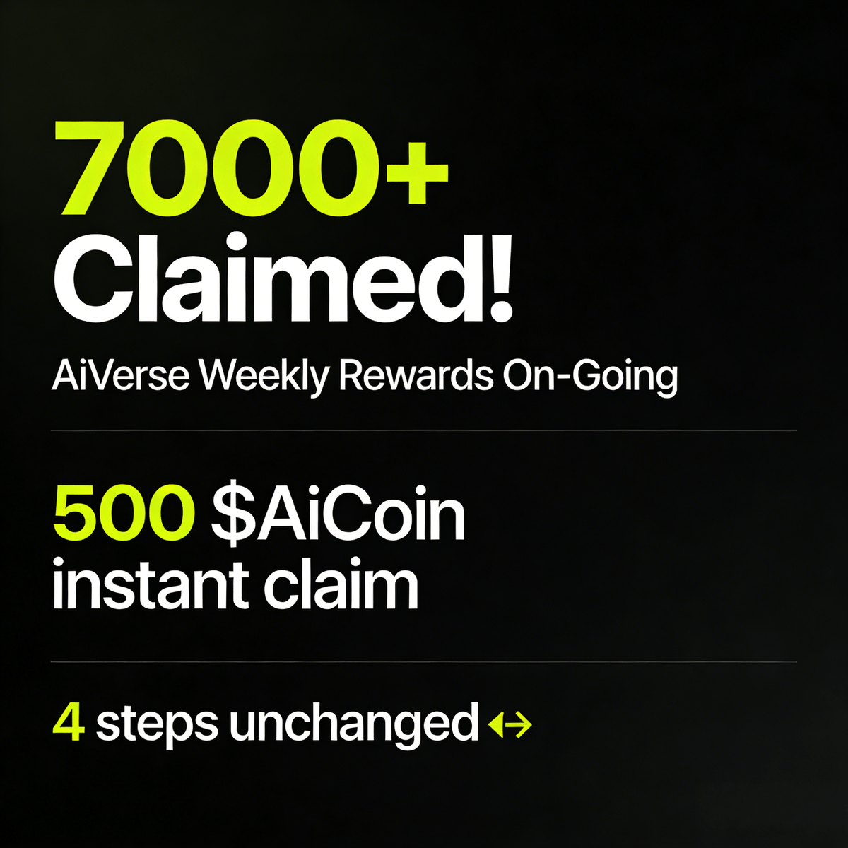 💥 7000+ Claimed! AiVerse Weekly Rewards On-Going
500 $AiCoin instant claim, 4 steps unchanged👇
✅Follow <a href="/AiVerseWeb3/">AiVerse</a> &amp; <a href="/AiVerseNews/">AiVerseNews</a>
✅Like+RT+Comment AI
✅Join TG group: t.me/AiVerseWeb3
💡 Join TG &amp; enter: Weekly draw - 200 winners × 2000 $AiCoin!
Rewards keep dropping