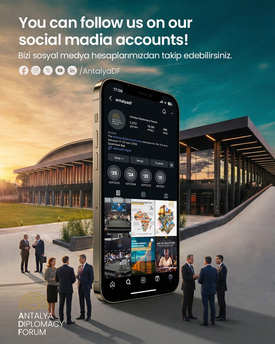 You can follow us on our social media accounts and be informed about the developments regarding #ADF2026.

Instagram: instagram.com/antalyadf
Facebook: facebook.com/AntalyaDF
YouTube: youtube.com/@antalyadf
LinkedIn: linkedin.com/company/antaly…

#MEET4DIPLOMACY