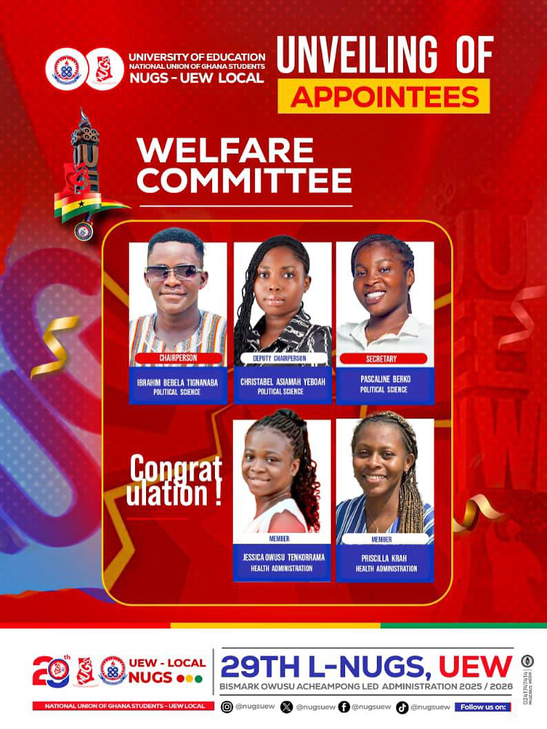 NUGS-UEW is proud to formally announce the appointment of Ibrahim Bebela Tignanaba, Christiana Asiamah Yeboah, Pascaline Berko, Jessica Owusu Tenkorama and Priscilla Krah to champion the welfare of NUGS under the 29th NUGS Administration led by
H.E. Bismark Owusu Acheampong
🎉