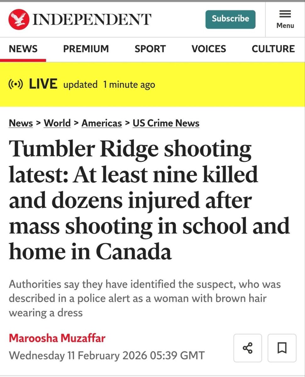 حادث إطلاق نار جماعي قبل ساعات في كندا داخل مدرسة ثانوية.

عشرة قتلى منهم مطلق النار نفسه والذي انتحر ، وهناك العشرات من المصابين.

كل ما نعرفه عن مطلق النار أنها امرأة؛ 
ولكن بما أن الحادثة سميت إطلاق نار وليس عمل إرهابي ،والقاتل هو من قتل نفسه ولم تقتله الشرطة ، فالغالب أنها من