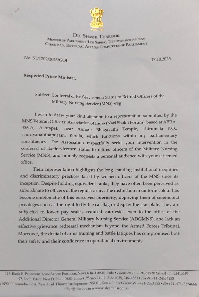 ShashiTharoor's tweet photo. Absolutely delighted to hear that retired Military Nursing Service officers have finally been granted Ex-servicemen status, a long-overdue recognition of their exemplary service to the nation in war, national crises and public health emergencies.
This decision corrects a persistent inequity faced by women officers. I had raised this matter in Parliament, with the Hon'ble Prime Minister and the Hon’ble Defence Minister — and I am gratified that justice has at last been done. I congratulate the officers on this long overdue victory.