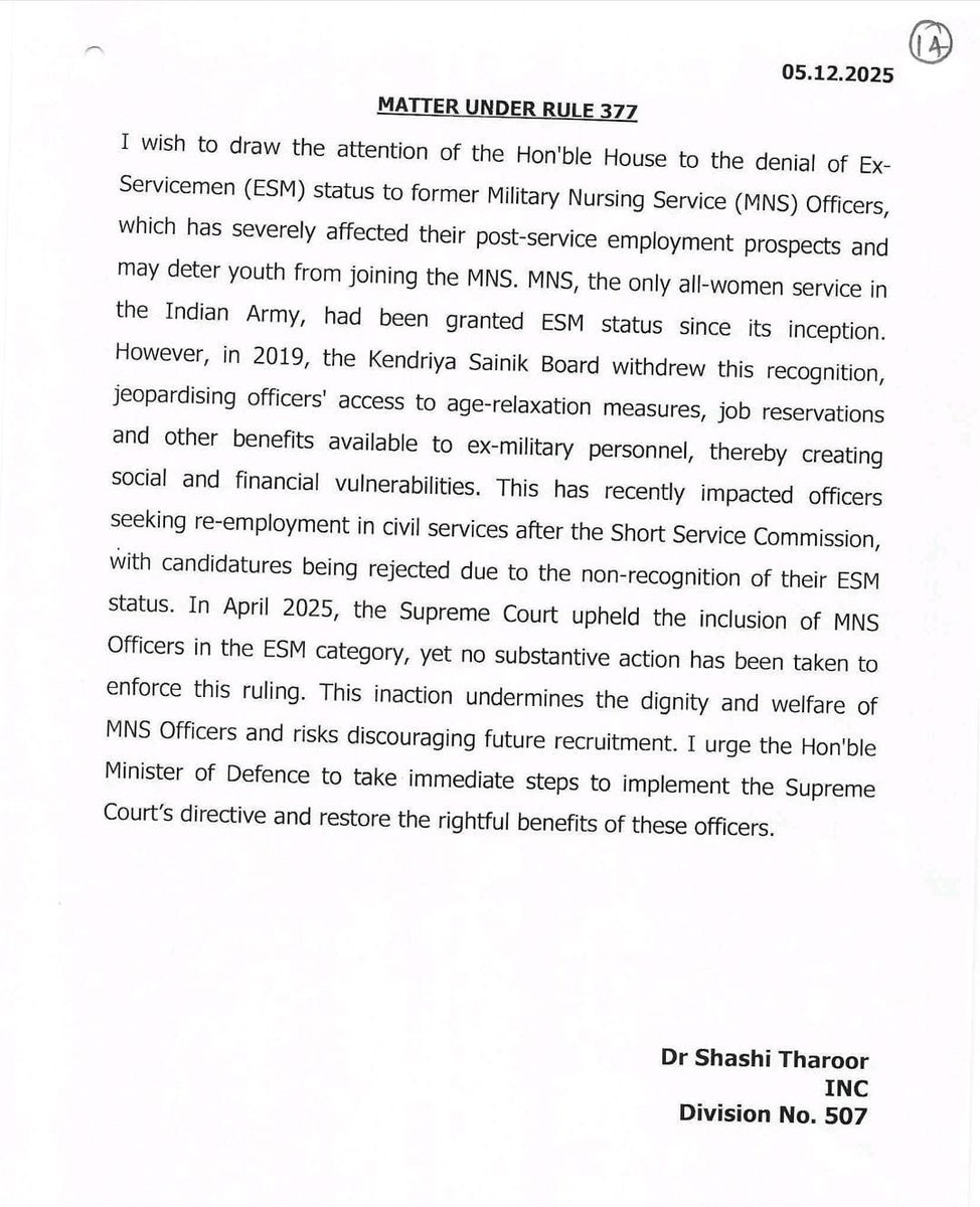 ShashiTharoor's tweet photo. Absolutely delighted to hear that retired Military Nursing Service officers have finally been granted Ex-servicemen status, a long-overdue recognition of their exemplary service to the nation in war, national crises and public health emergencies.
This decision corrects a persistent inequity faced by women officers. I had raised this matter in Parliament, with the Hon'ble Prime Minister and the Hon’ble Defence Minister — and I am gratified that justice has at last been done. I congratulate the officers on this long overdue victory.