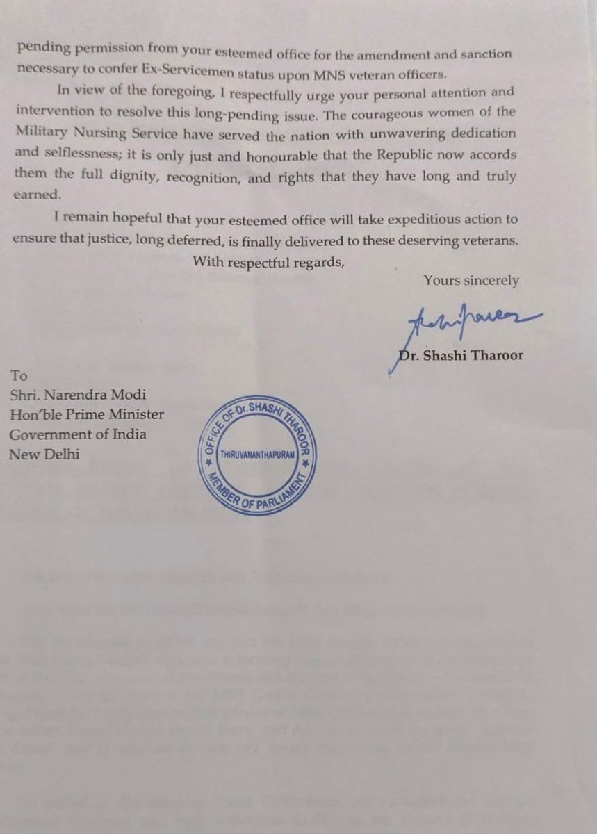 ShashiTharoor's tweet photo. Absolutely delighted to hear that retired Military Nursing Service officers have finally been granted Ex-servicemen status, a long-overdue recognition of their exemplary service to the nation in war, national crises and public health emergencies.
This decision corrects a persistent inequity faced by women officers. I had raised this matter in Parliament, with the Hon'ble Prime Minister and the Hon’ble Defence Minister — and I am gratified that justice has at last been done. I congratulate the officers on this long overdue victory.