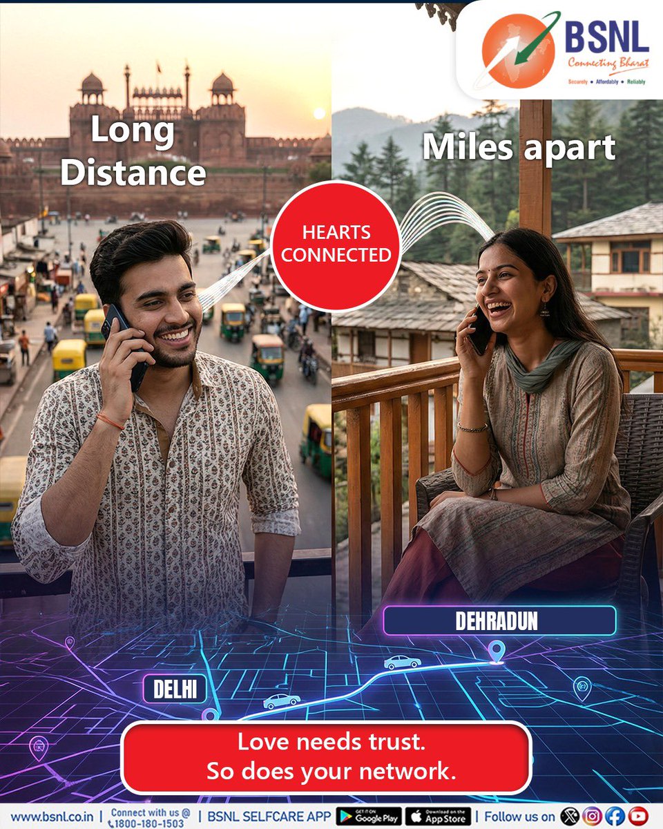 Miles apart, but never disconnected.
Because love runs on trust.
So does the BSNL Network.

#BSNL #TrustedNetwork #LongDistanceLove #StayConnected #ConnectingBharat