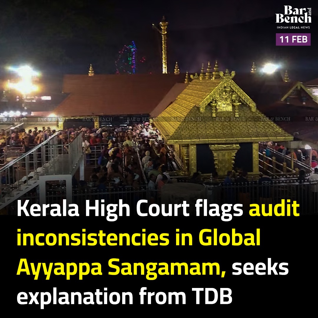 barandbench's tweet image. Kerala High Court flags audit inconsistencies in Global Ayyappa Sangamam, seeks explanation from TDB

Read more: barandbench.com/news/litigatio… 

#SabarimalaTemple #KeralaHighCourt #Keralagovernment #LegalUpdate #BarandBench