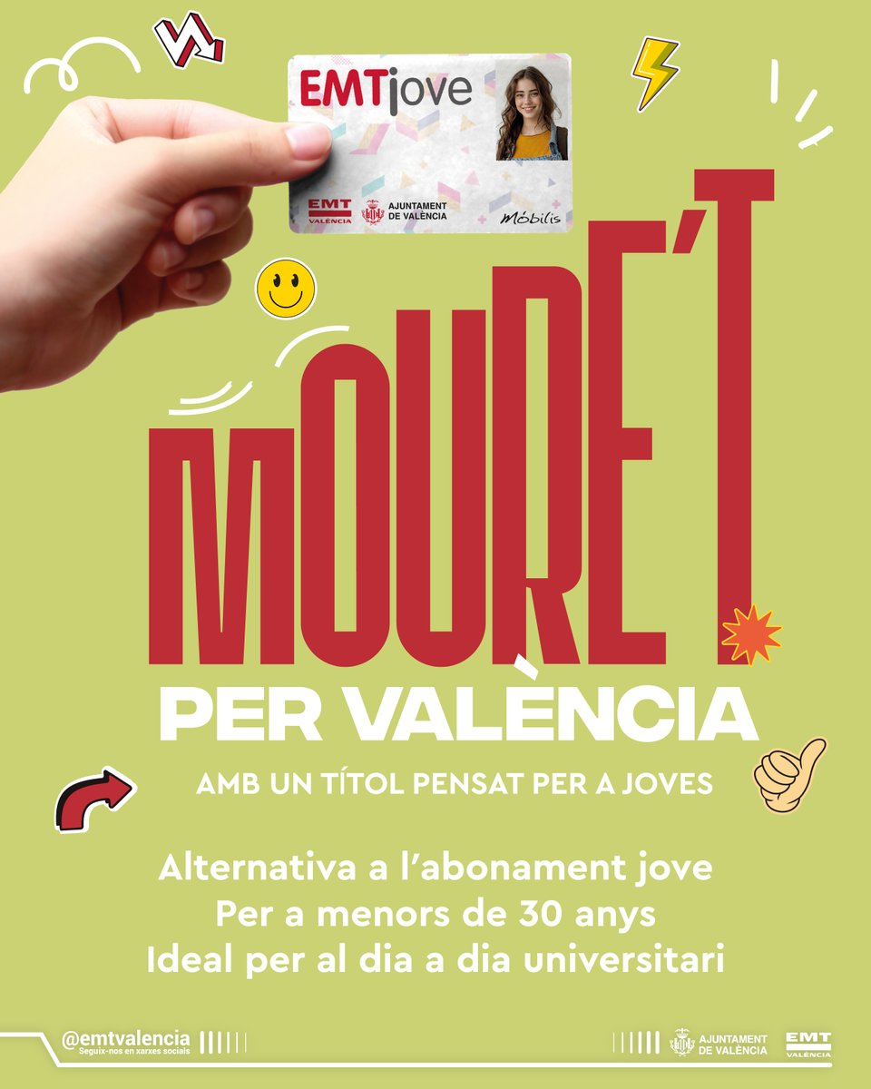 Si eres menor de 30 anys i et mous habitualment per València, EMT Jove és una opció pensada per a tu 🚍

👉🏼 Un títol adaptat a la mobilitat diària de les persones joves, que facilita utilitzar el transport públic de manera còmoda i accessible.

#EMTValència #EMTJove #València