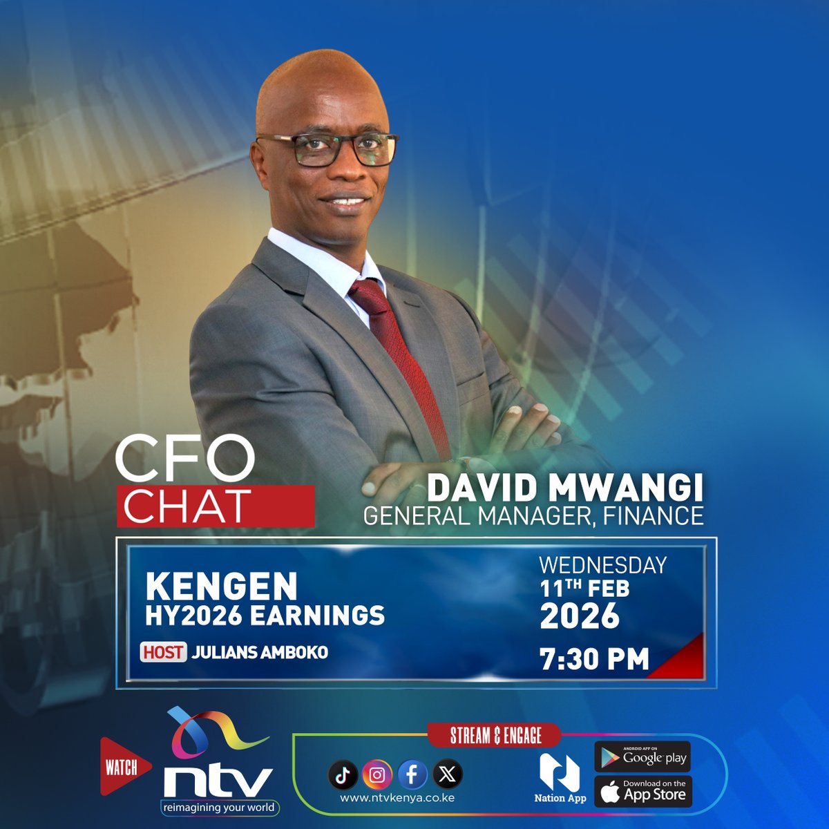 AmbokoJH's tweet photo. Tonight on @ntvkenya starting 7:30pm, I engage @KenGenKenya's General Manager Finance, David Mwangi, on #CFOChat regarding the generator's HY2026 earnings. 

We'll be whipping through the mixed earnings characterised by a 20.02% dip in net earnings to Kes 4.2 billion while the revenue grew 9.4% to Kes 30.1 billion.

See you then!
