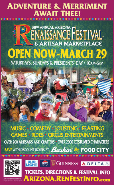 Get ready for all day action and adventure at the 38th Annual Arizona Renaissance Festival - every Saturday and Sunday, 1/31 – 3/29!

Parking is free – thanks to Bashas’ and Food City

Visit arizona.renfestinfo.com for more info!🍗🐎