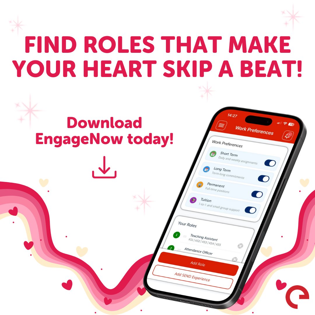 💌 Fall in love with your dream role! 📲

Update your work preferences in EngageNow and let us help you find the role you’ll fall for! 😍

👉 Download the app and start matching today! 💘 hubs.ly/Q040_KmS0 

#EngageEducation #EngageNow #App #Education #EdTech