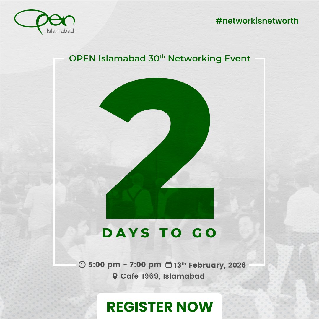 OpenIslamabad's tweet photo. 2 days to go. 

OPEN Islamabad’s 30th Networking Event is almost here. Join professionals on 13th February, 5–7 PM at Cafe 1969, Islamabad, for meaningful conversations and connections.

Register: https://t.co/lLDkuSnqS3

#OPENIslamabad #ProfessionalNetworking https://t.co/WknODzjqmr