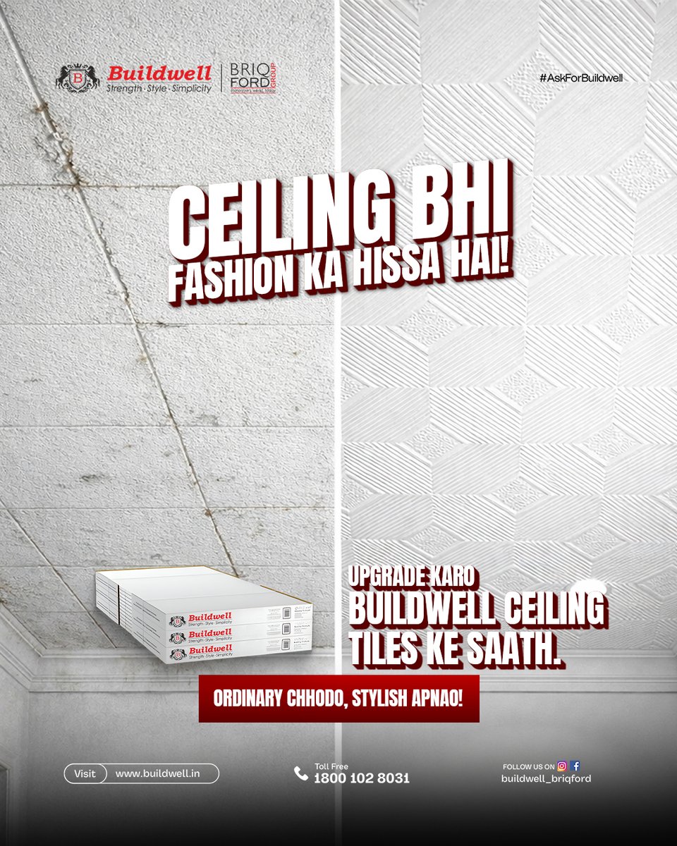 buildwell_india's tweet image. Ceiling sirf upar lagne wali sheet nahi hoti.
Ye space ka mood set karti hai. 💫

Ordinary se upgrade karo —
Buildwell Ceiling Tiles ke saath style bhi milega, strength bhi.

#Buildwell #CeilingDesign #InteriorUpgrade #FalseCeiling #AskForBuildwell
