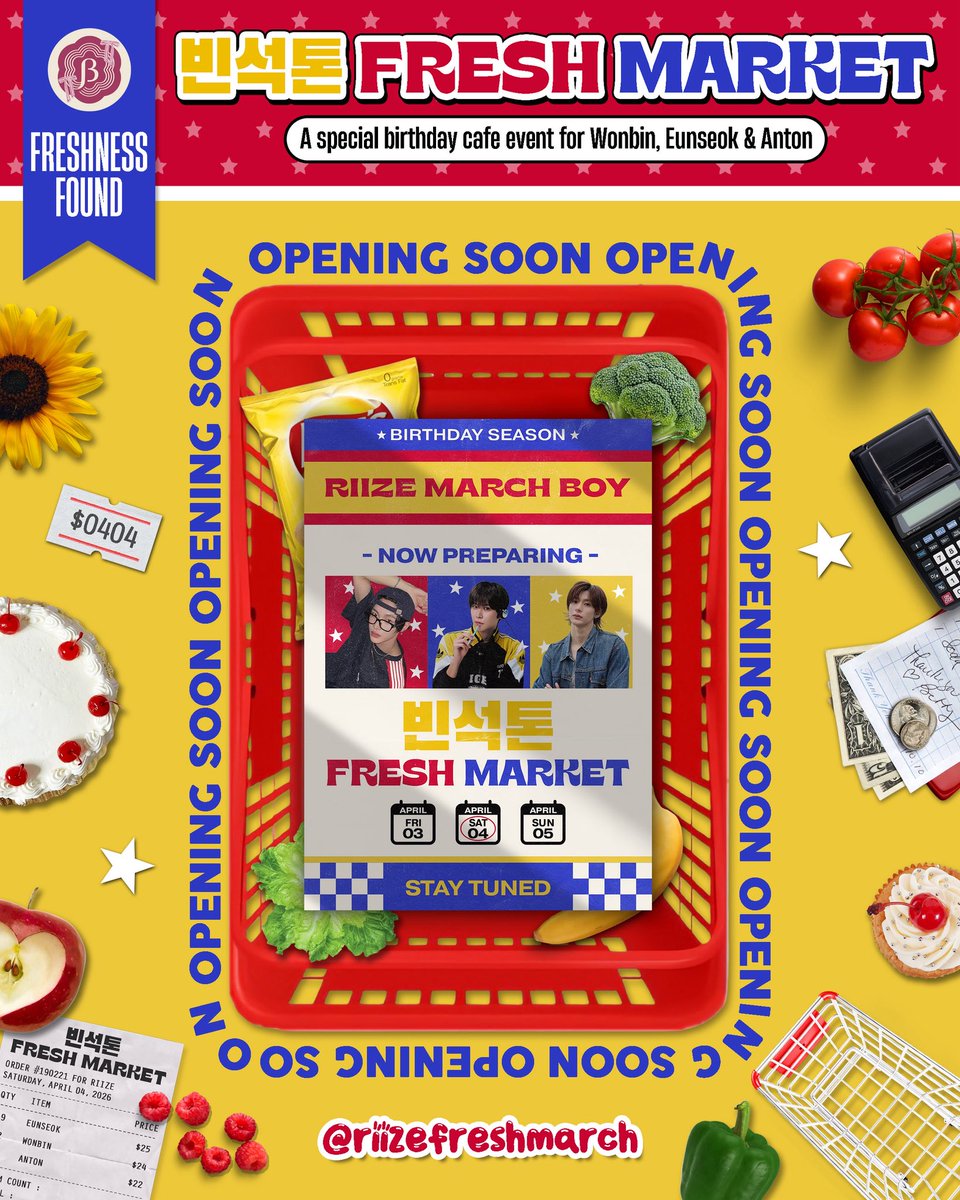 riizefreshmarch's tweet photo. Welcome to our Fresh Market 🛒💝
Everything’s picked with love for #WONBIN, #EUNSEOK &amp; #ANTON!

Harvesting fresh moments and sweet celebration ever  ࣪𖤐.ᐟ

Doors opening soon — BRIIZE, are you ready to shop the happiness? 👀✨

#빈석톤FreshMarket #RIIZE #라이즈 #원빈 #은석 #앤톤 https://t.co/m1UXTix8C2
