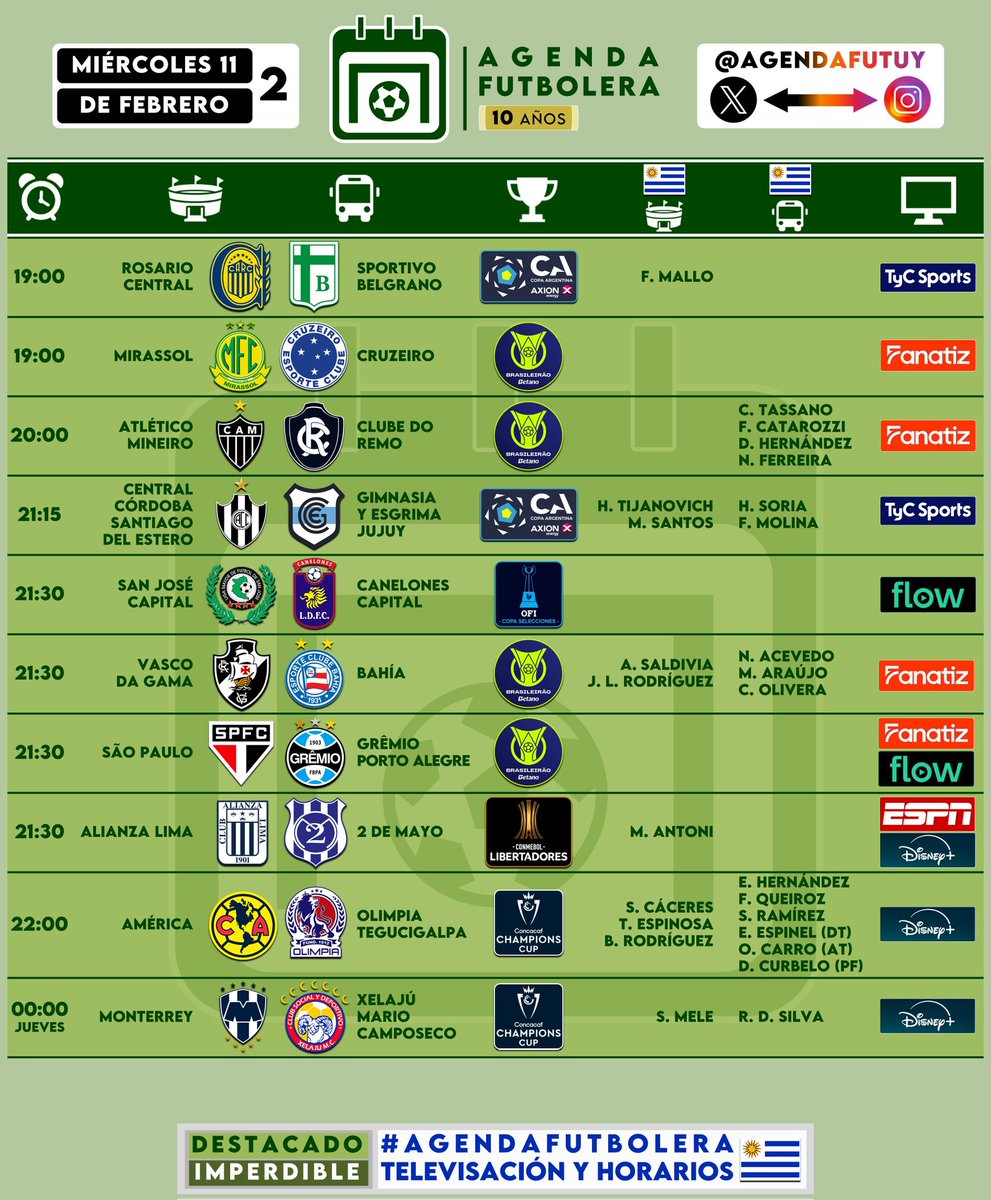 #AgendaFutbolera 🗓️⚽
<a href="/AgendaFutUY/">Agenda Futbolera</a> 👥🔗

📆 MIÉRCOLES 11/02

➡️ Premier League 🏴󠁧󠁢󠁥󠁮󠁧󠁿
➡️ Coppa Italia 🇮🇹
➡️ Copa del Rey 🇪🇸
➡️ Libertadores 🥇
➡️ Brasileirão 🇧🇷
➡️ Copa Argentina 🇦🇷
➡️ CONCACAF Champions Cup 🏆
➕ Y más...

→ Actividad de uruguayos 🇺🇾

¡Buena jornada! 👍🏼