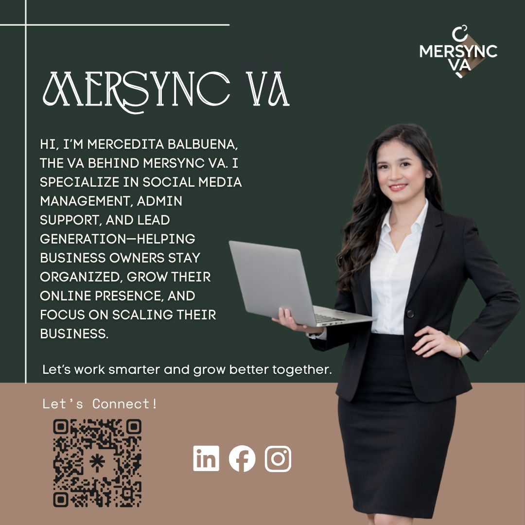 MerSyncva's tweet photo. Hi, I’m Mercedita—Supporting brands. Simplifying systems. Scaling businesses.
If you’re ready for clarity, consistency, and growth, let’s connect. 

#VirtualAssistant
#SocialMediaManager
#OnlineBusinessSupport
#VAForHire
#AdminSupport
#LeadGeneration https://t.co/8BLhINkjjN