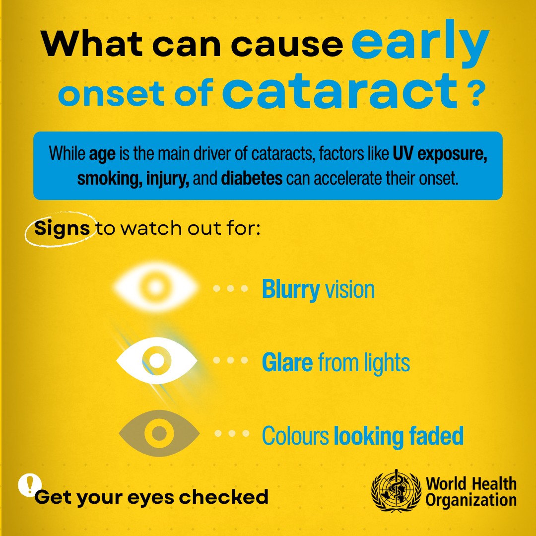 Cataract doesn’t only affect older age.

While ageing is the main driver, factors like UV exposure, smoking, injury, and diabetes can speed up the onset of cataract.

Early signs include: 
- blurry vision, 
- glare from lights, 
- colours looking faded 

Get your eyes checked