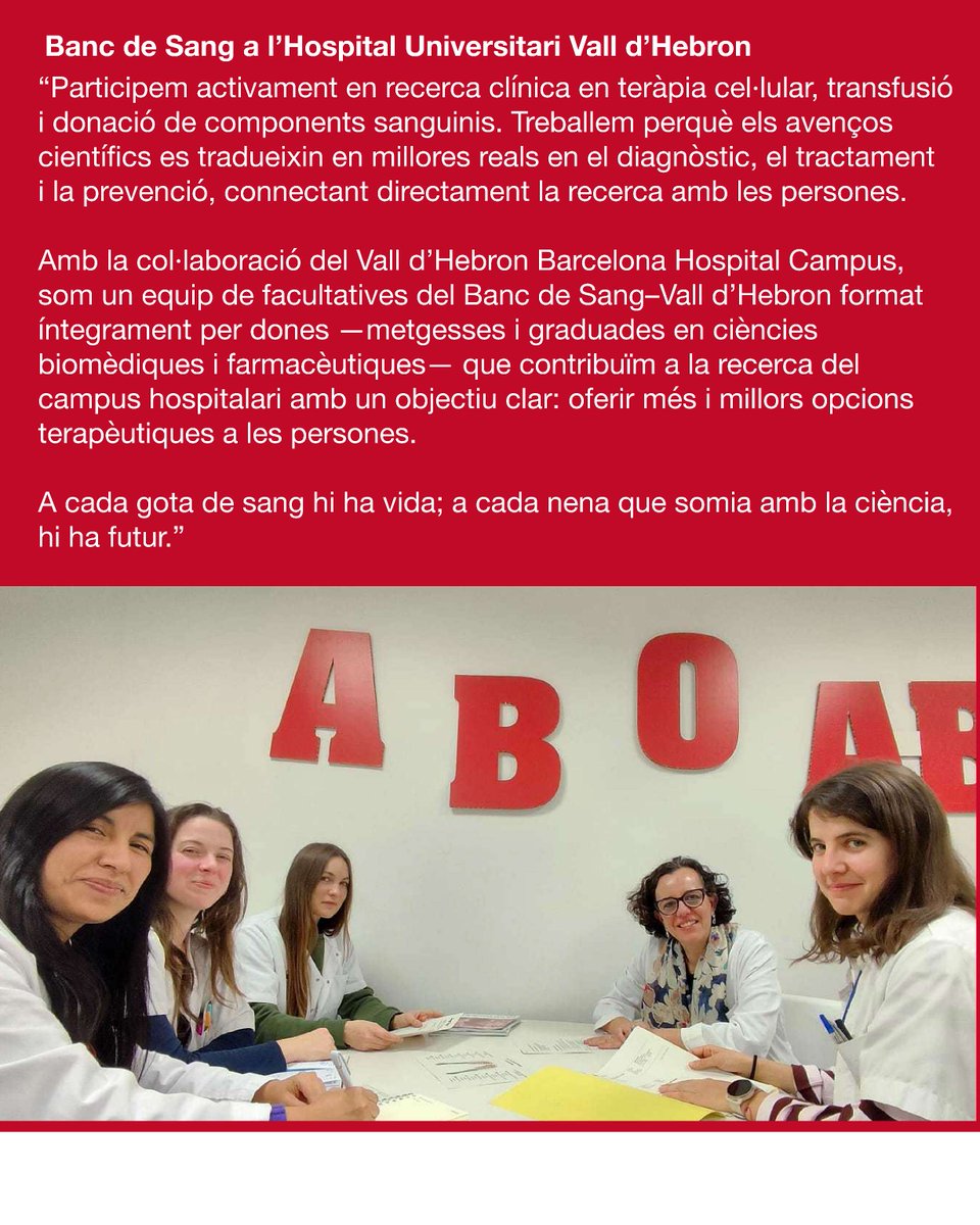 donarsang's tweet photo. 🎉 Dia de la Dona i la Nena en la Ciència

Avui celebrem el talent femení que impulsa la ciència al Banc de Sang i Teixits. Dones que fan avançar la recerca, la medicina i la biomedicina, entre altres àrees. Avui en destaquem tres exemples: l’equip de recerca de Vall d’Hebron, l’Iris, investigadora en ciència de dades, i la Cristina Prat, directora tècnica en teràpies avançades.

Hi ha moltes altres dones inspiradores i compromeses, però aquests tres exemples mostren només una part del talent femení que impulsa el nostre banc i animen les nenes d’avui a somiar en gran: poden ser les científiques que canviïn el futur.
