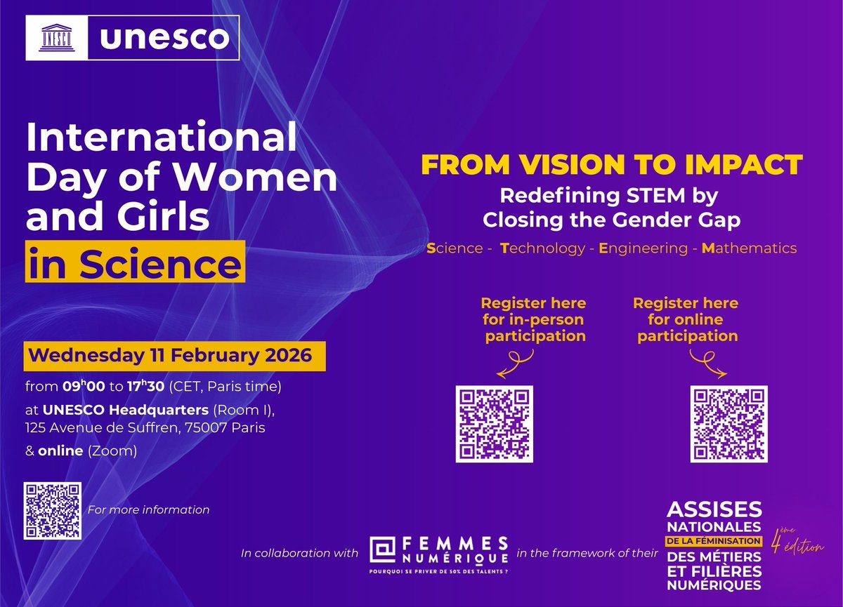Today we celebrate #11F 👩‍🔬💜 <a href="/UNESCO/">UNESCO 🏛️ #Education #Sciences #Culture 🇺🇳</a> is hosting a FREE online event for the International Day of Women &amp; Girls in Science. Join the conversation and support diversity in STEM 🚀

Register here 👉 unesco-org.zoom.us/webinar/regist…

#WomenInSTEM #GirlsInSTEM
