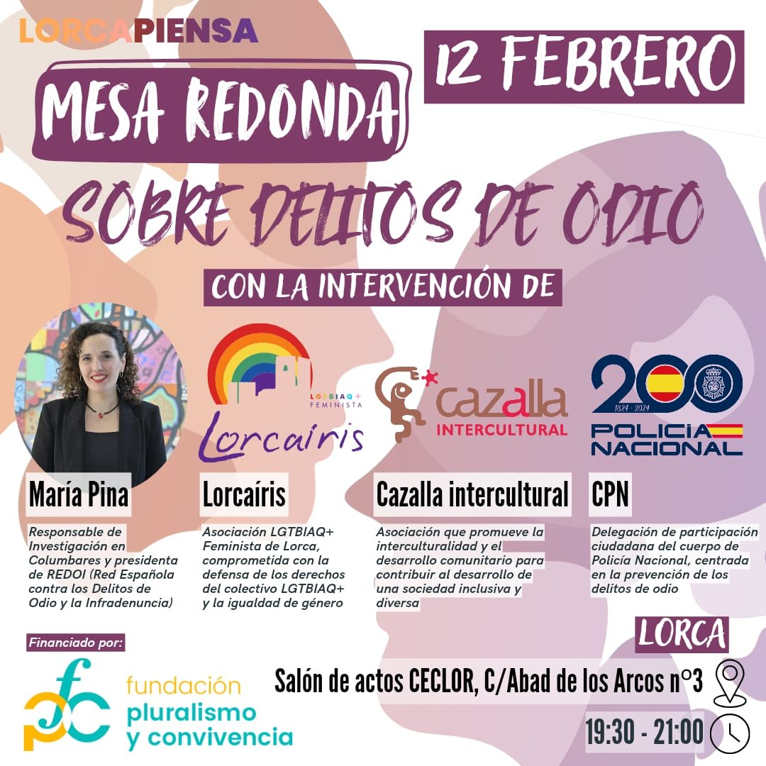 jcferra's tweet photo. Mañana conversaremos sobre los delitos de odio, también sobre el mismo odio.
Toda la información precisa en el mismo cartel este.
Desde el LorcaPiensa os esperamos. ¡Hasta mañana! https://t.co/A3QUSFKRgF