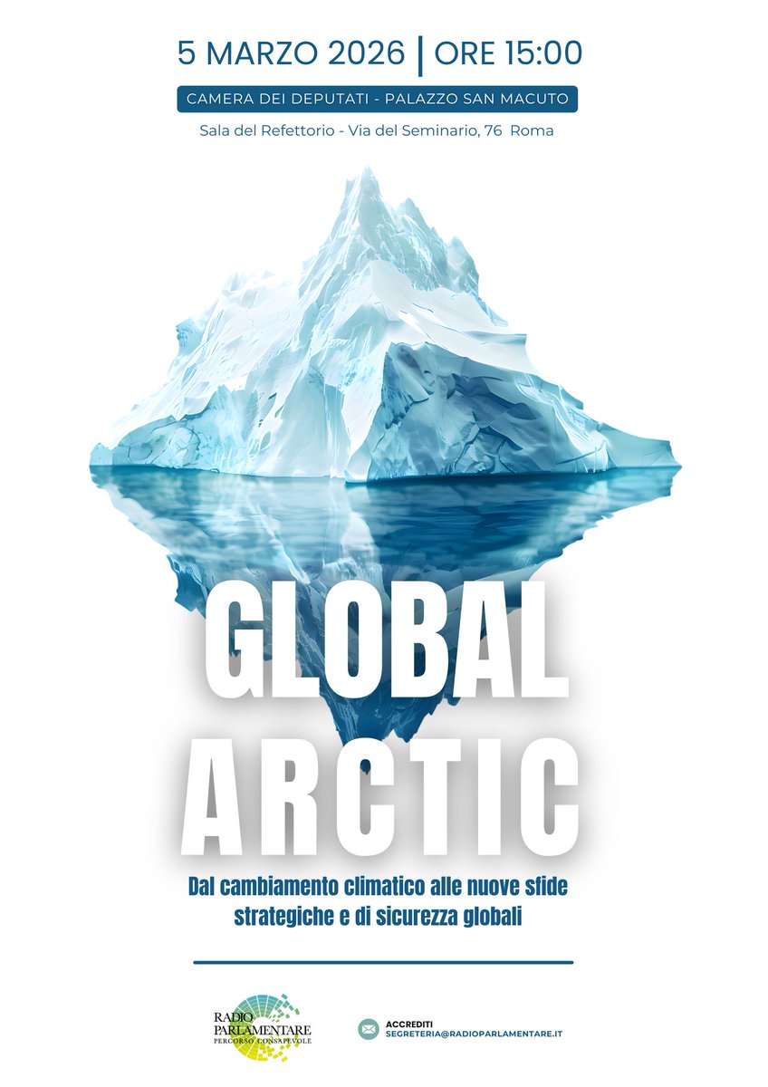 🔵 Global #Arctic - Dal #cambiamentoclimatico alle nuove sfide strategiche e di sicurezza globali

Giovedì 5 marzo | 15:00 – 18:30
Sala del Refettorio – Camera dei Deputati
Per partecipare: segreteria@radioparlamentare.it
(iscrizioni fino al 2 marzo, fino a esaurimento posti)