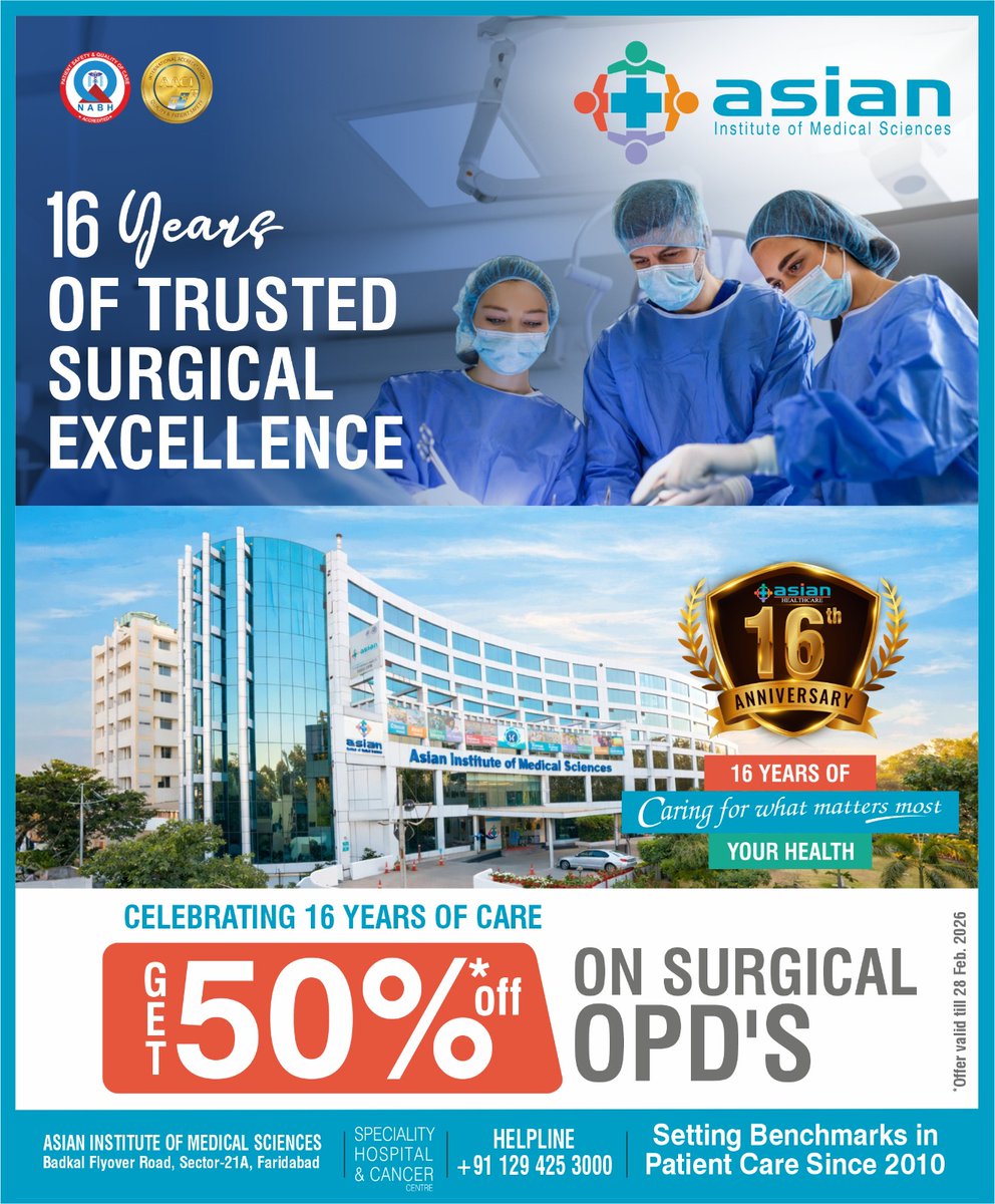 16 Years of Trusted Surgical Excellence 💙
Celebrate with 50% OFF on Surgical OPDs at Asian Institute of Medical Sciences, Faridabad.

📍 Sector-21A, Faridabad | 📞 +91 129 425 3000
 Valid till 28 Feb 2026
#AsianInstituteOfMedicalSciences #16YearsOfCare #SurgicalExcellence