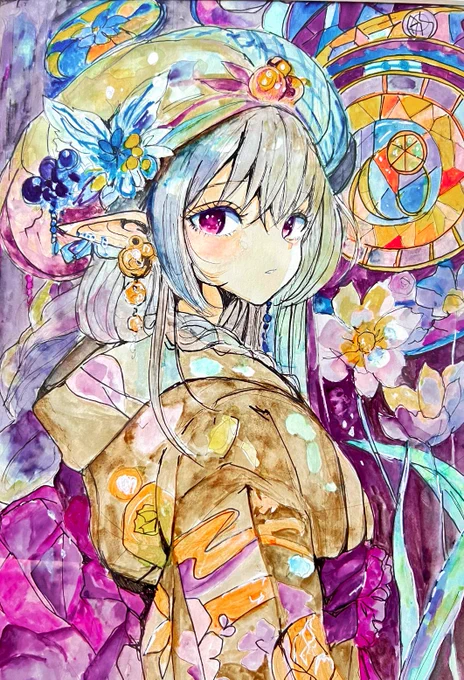 原画出品 光と宝石、ステンドグラスの世界。 色の配置とにじみを生かし、 画面全体に光が巡るような印象を大切にして描きました ご縁がありましたら、この作品をお迎えいただけましたら嬉しいです。 #イラスト #透明水彩 #額装原画
