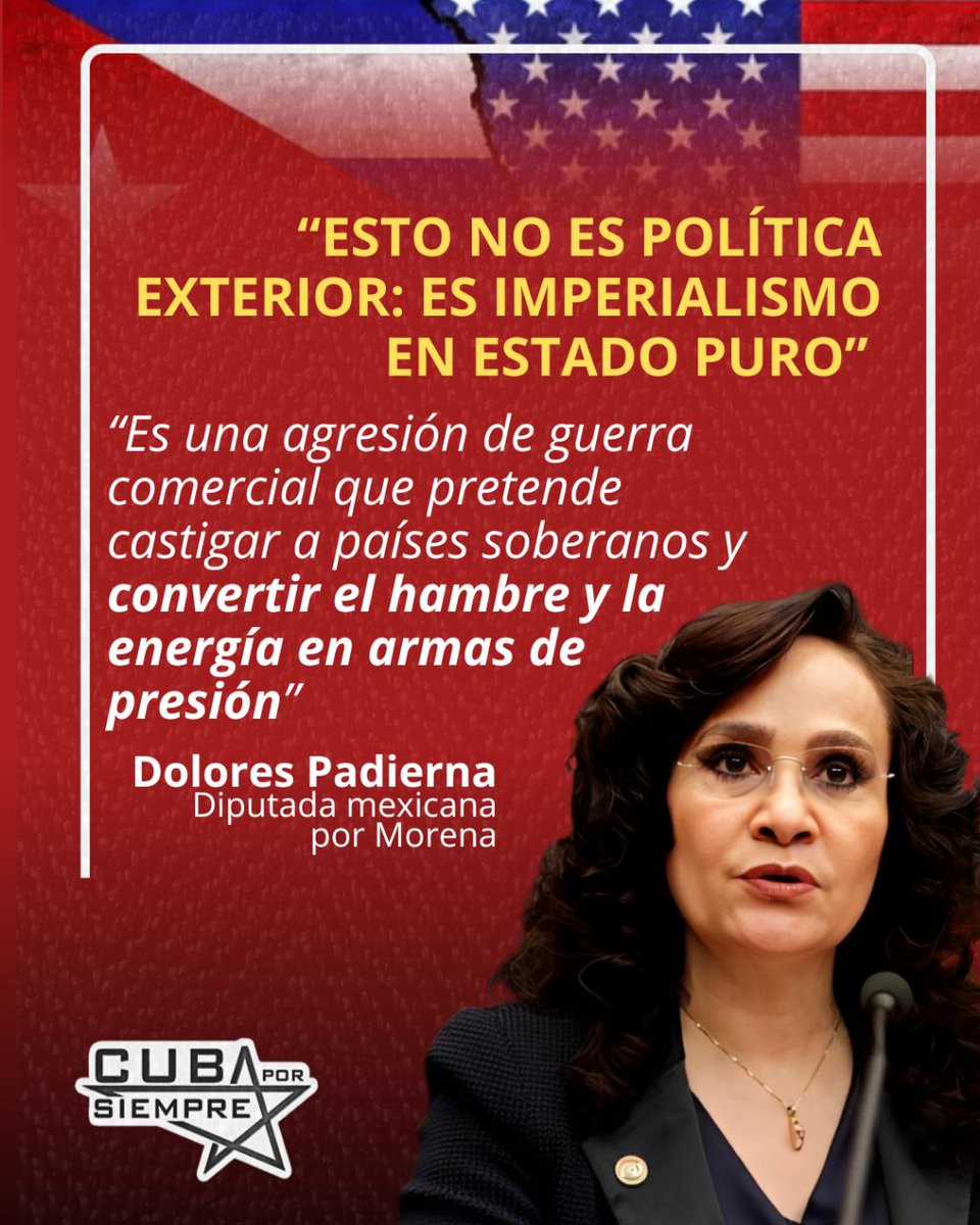 A juicio de la también vicecoordinadora del grupo parlamentario del gobernante partido Morena en la Cámara de Diputados, se trata de “medidas inhumanas, ilegales y coercitivas, diseñadas para asfixiar a un pueblo entero y forzar alineamientos geopolíticos”.#cubaxsiempre