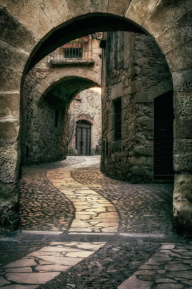A medieval street in the town of Pals, Spain.